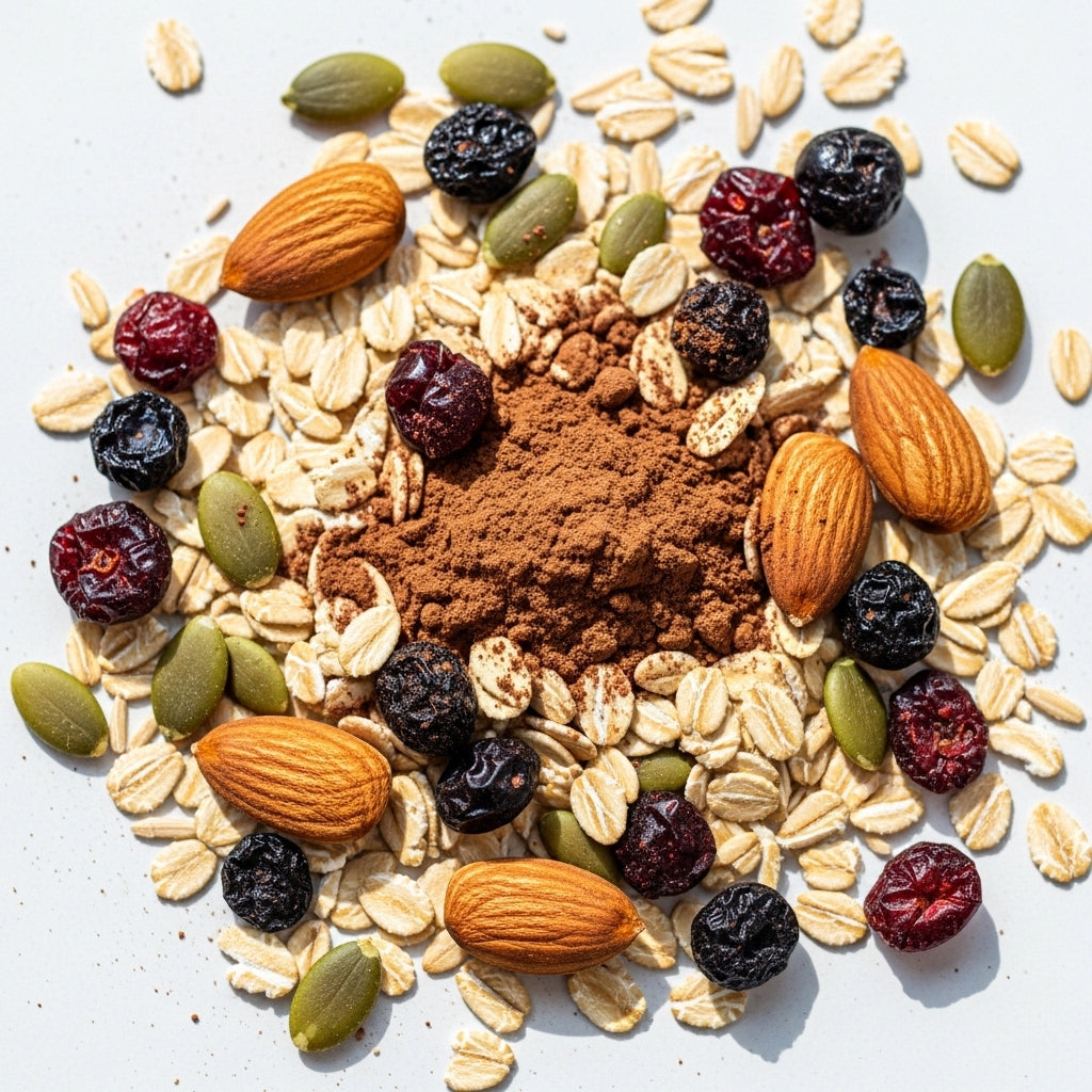 Raw Rolled Oats Texture with Cocoa Powder and Dried Berries Nuts and Seeds Close Up