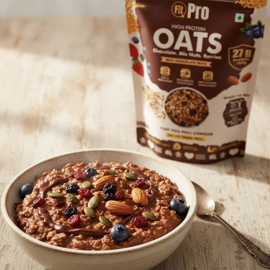 Bowl of Fit Pro Chocolate Oats with Almonds Cranberries Blueberries Raisins and Pumpkin Seeds