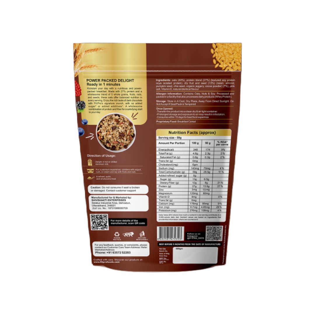 Back of Fit Pro Chocolate Mixnut Oats Pack with QR Code and FSSAI License
